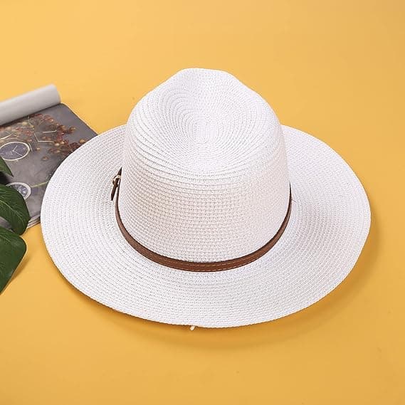 Herr Dam UPF50 Foldbar Sommer Stråhat Bredskygget Fedora Solhat Strandhat (Hvid, One Size)