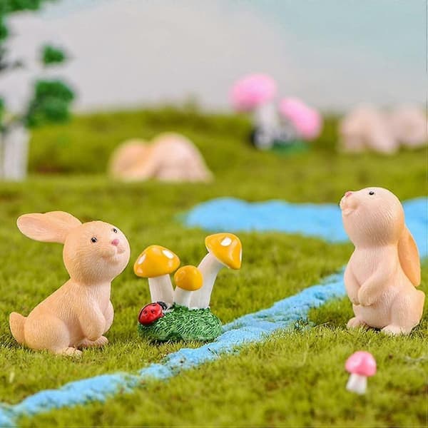 MUJIXI 7-pack Mini Easter Bunny Figurines Easter Decoration Small Landscape Desk Sculpture Dollhouse Decoration Mixed Style