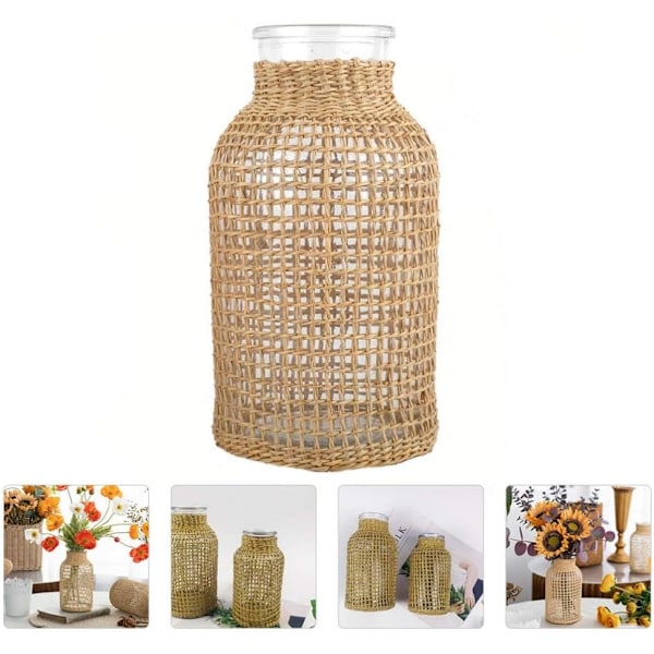 Boho Glasblomvas med Rattanöverdrag, Farmhouse Blomknoppsvas, Rund Dekorativ Blomvas Blomsterbehållare Blomsterflaska