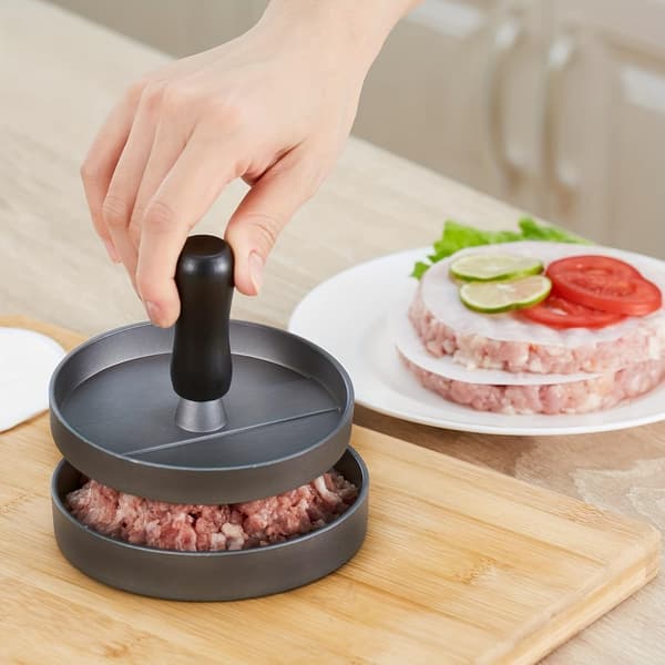 Hamburgerpresse til fyldte burgere, non-stick aluminium, rund bøfform med 100 bagepapir til grill og BBQ
