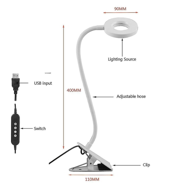 USB Læselampe med Dæmper og Afbryder, 3 Farver Justerbar, 48 LED Hvid White