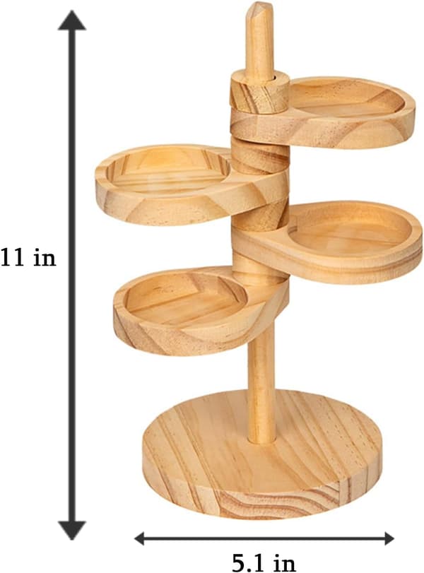 Rotating Wooden Display Stand - 4-Tier Spiral Earring and Jewelry Organizer, Adjustable Perfume Storage Box with Decorative Design