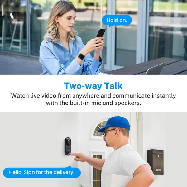 Wireless Video Doorbell, Battery Powered, AI Human & Motion Detection, 720p, Two-Way Talk, Night Vision, Cloud Storage (Sold Separately)