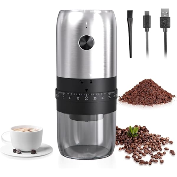 Electric Coffee Grinder, Pour Over Coffee Maker, Rechargeable Coffee Grinder, Portable for Home Use, Silver