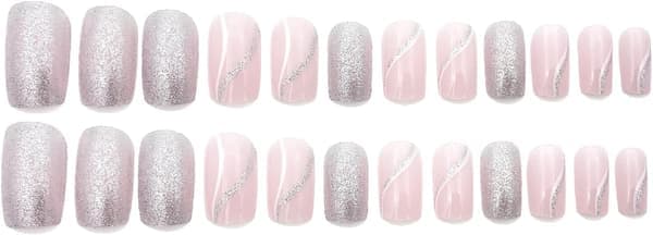 French False Nails - 24 Pcs Almond Square Press-on with Glue - Silver Pink White Lines