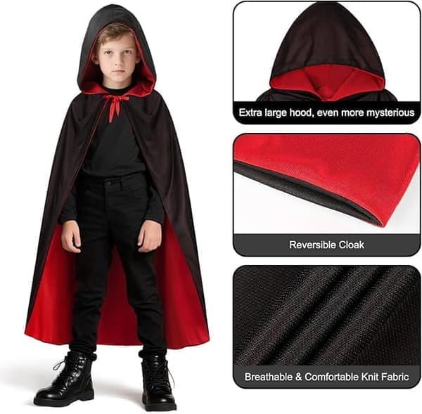 Halloween Kostyme – Vendbar Vampyrkappe med Hette for Barn, Perfekt for Maskerade & Fest