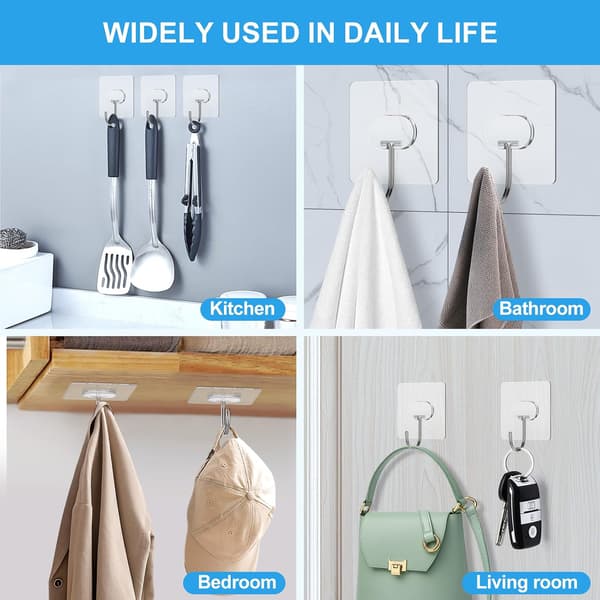 Large Adhesive Hooks for Hanging Heavy Duty Wall Hooks Self Adhesive Towel Hooks Waterproof Transparent Hook for Bathroom Shower Kitchen Keys
