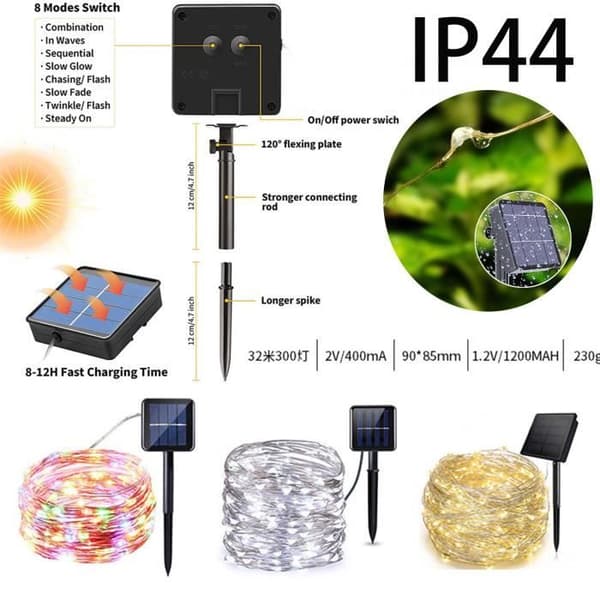 Utendørs solcellelysslynge - 300 LED-lys 32m - IP65 vanntett - 8 moduser - Varmhvit