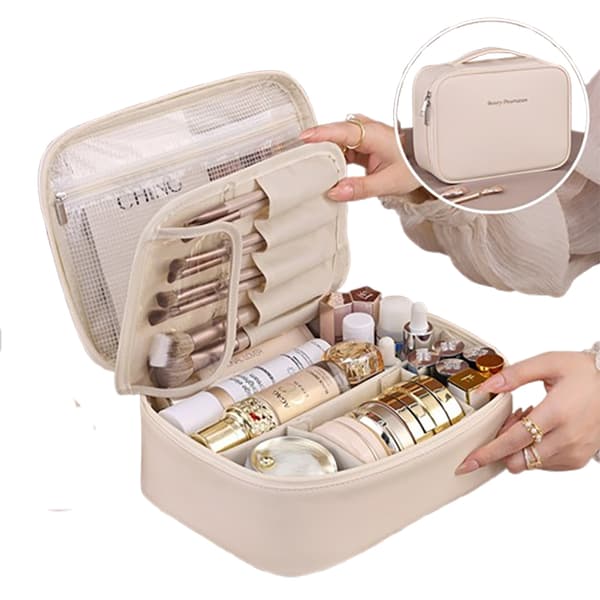 Structured Cosmetic Bag - Customizable Compartments for Organized Storage White White White