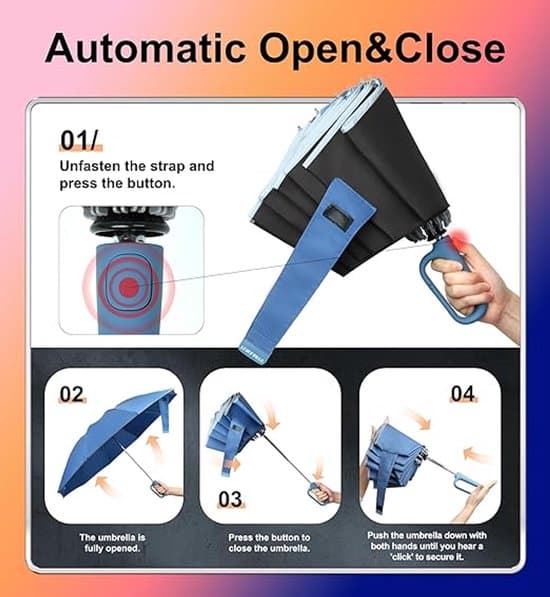 Inverted Umbrella with Carabiner Handle - Compact & Windproof - Sun & Rain Protection - Portable & Foldable - 10 Ribs - Unisex - 1 Piece