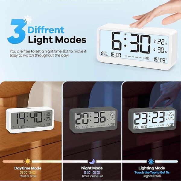 Digital väckarklocka med stor LCD-display, Högljudd crescendo-ringsignal, Temperatur- och luftfuktighetsvisningsfunktion, Vit
