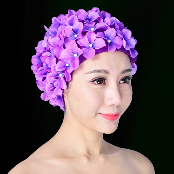 Blomstret kronblad for damer Badehette for kvinner Retro svømmehatt Langt/kort hår Håndlagde blomster purple 1pcs