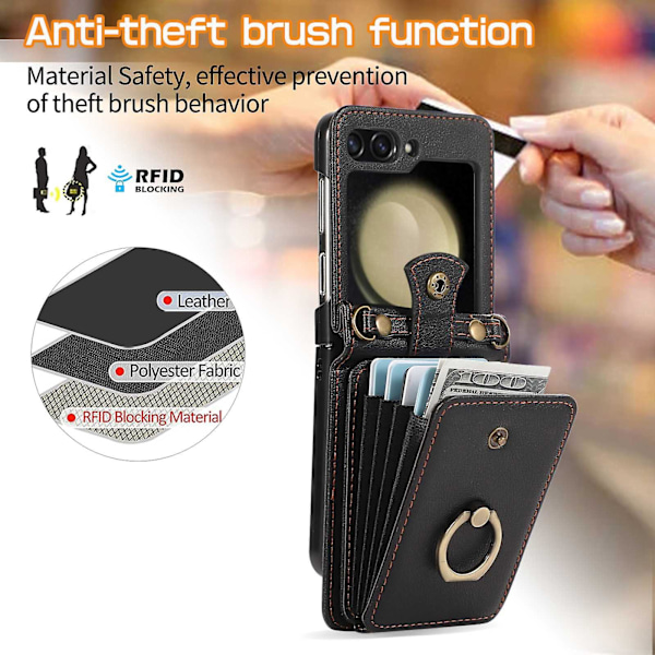 Til Samsung Galaxy Z Flip 6 Crossbody Wallet Case, Crossbody Skulderrem Ring Stativ RFID Kreditkortsholder Læderetui