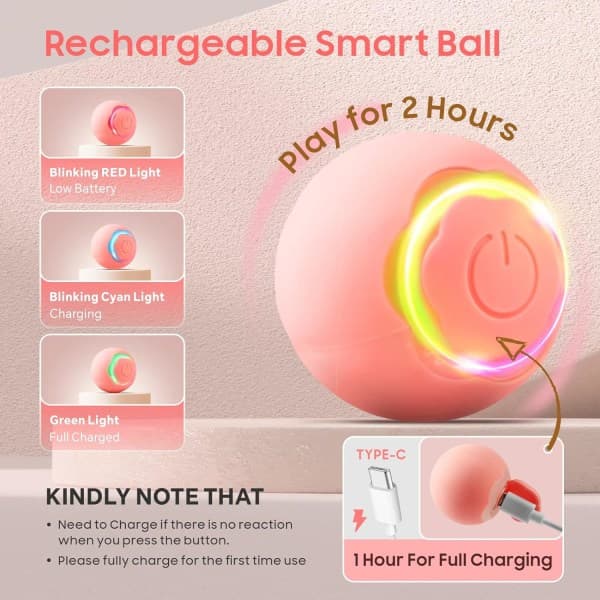 Interaktiv kattlegetøjsbold med LED-lys, automatisk roterende intelligent til indendørs katte, USB-genopladelig (pink)