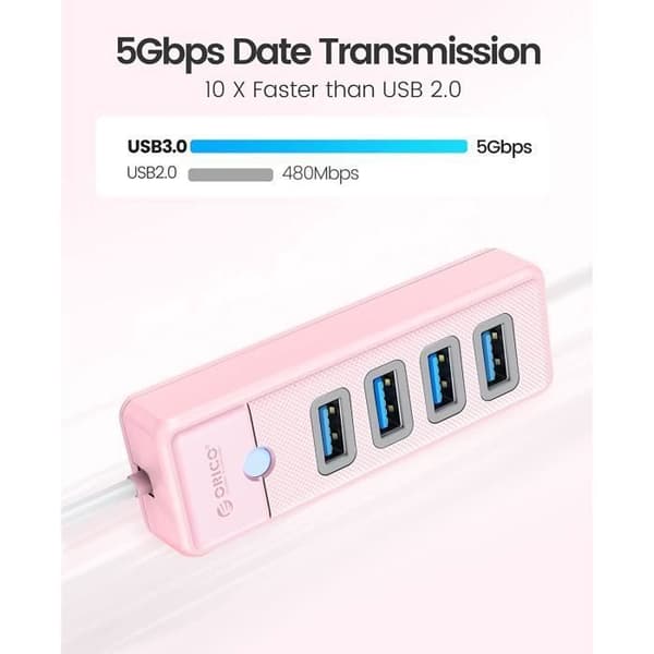 YYV 4-portars USB 3.0-hubb med 5V 3A strömförsörjning, kompatibel med Mac OS 10.x och senare, Linux, Android, rosa