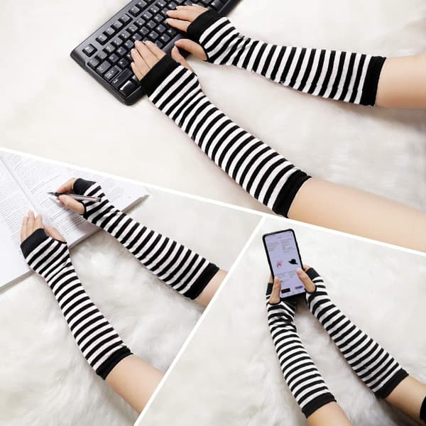 DRealm Punk Gothic Rock Lange Armvarmere Fingerløse Handsker Sort Hvid