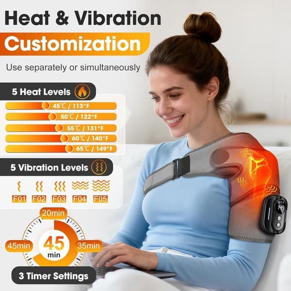 Cordless Shoulder Heating Pad with Massage for Pain Relief - Heated Shoulder Wrap with Vibration, Rechargeable, Detachable Magnetic Control, Ideal
