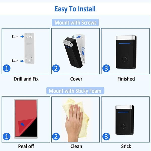 Wireless Doorbell, No Batteries Required for Transmitter, with 1 Transmitter and 2 Receivers