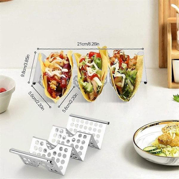 Tacostativ, 4-pak rustfrit stål stativ med håndtag, tacobakke kan rumme op til 3 tacos, tacostativ