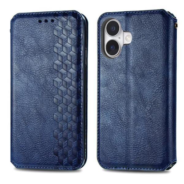iPhone 17 Case Leather Case with Cubic Grid Pattern and Magnetic Closure Blue Blue Blå