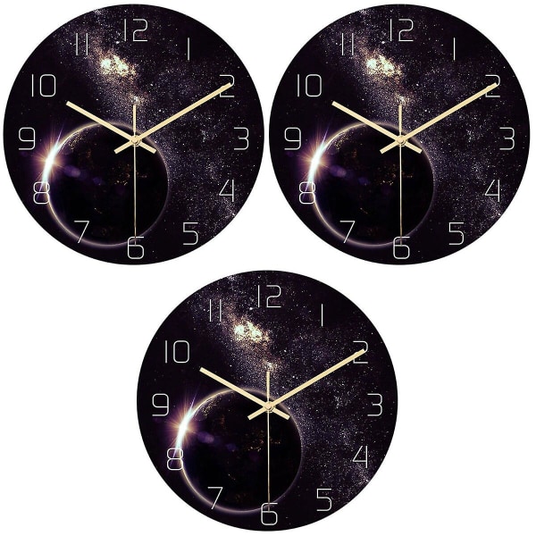 3 stk Universe Planet Veggklokke Ytre Rom Hengeklokke Rund Akryl Veggklokke Stille Ikke Tikkende 3pcs M