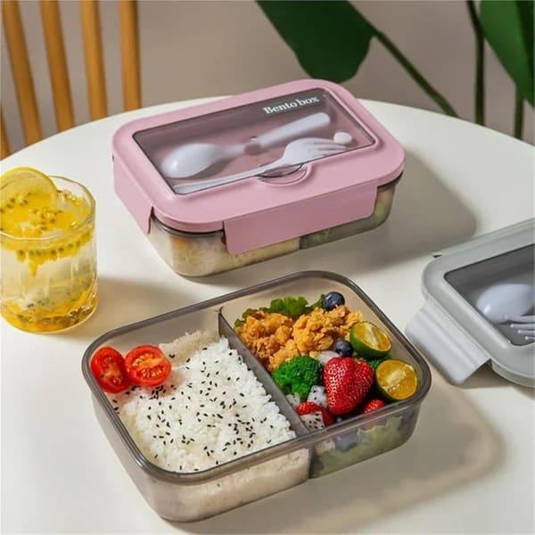 Bento Lunch Box and Cutlery Set for Office Workers Square Compartment Microwave Waterproof and Leak-Proof Food Container (Three Compartments Blue)