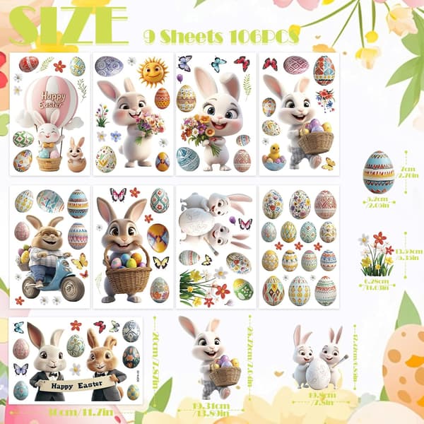 Easter Window Stickers 106 pcs 3D Rabbit and Egg Static Clings for Home, School, Office, Party Decorations