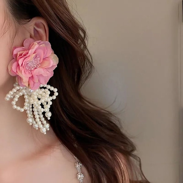 Bohemiska Rosa Stora Tygblomma Örhängen För Kvinnor Uttalande Smycken Handgjorda Pärla Rosett Tofs Pendientes