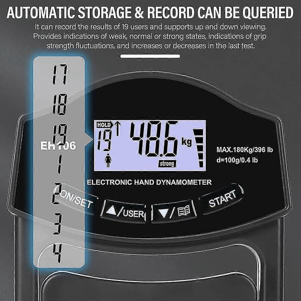 Grip Strength Tester, 396lbs/180kg Digital Hand Dynamometer Grip Strength Meter USB LCD Screen Hand