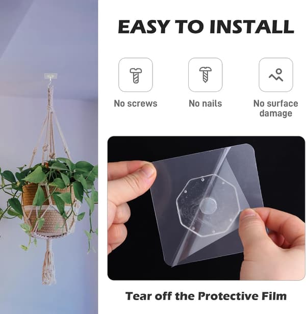 Self-adhesive Ceiling Hooks, 4-pack, 13.6 kg, Super Strong for Hanging Plants, Strong Ceiling Hanger for Outdoor Use Without Drilling, Self-adhesive Hooks
