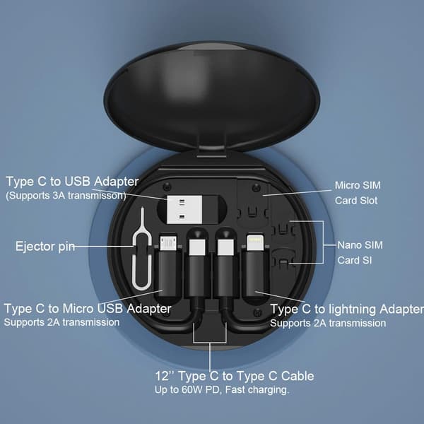 Multifunksjonell datakabeloppbevaringsboksadapter for Lightning-, USB-C- og Micro-USB-enheter Universal dataoverføringskabel