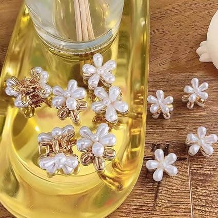Mini pärlhårklämma, 7 st blomformade hårklämmor, mini pärla