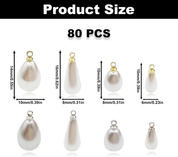 80 STK Dråpe Perle Charms, Hvite Ovale Anheng Funn Charm, Imitert Perle Charms Bulk, Størrelser