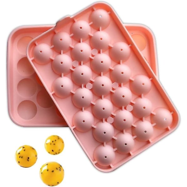 Silicone Ice Cube Tray With Lid Round Ice Cube Mold Makes 25 Mini Spherical Ice Cube Molds For Cocktails (1 Pack Pink)