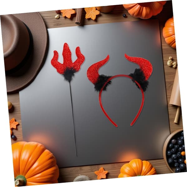 4 Sets Halloween Set Demon Horns Kit Spooky Headband and Trident Staff