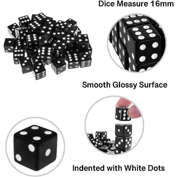 6-sidet Urea spil terningsæt - Standard 16 mm størrelse - 100 tæller - Sort - Perfekt til gruppearrangementer, sort med hvid terningblok