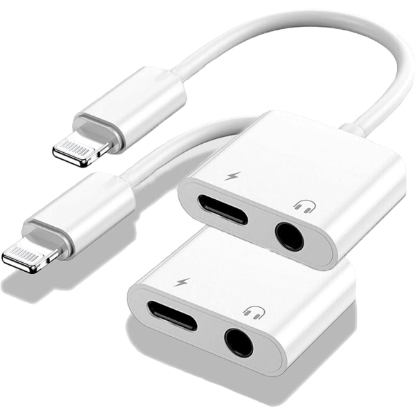 2-pakke til 3,5 mm hodetelefonkontaktadapter for iPhone 2 i 1 lader og Aux Audio Splitter Adapter Kompatibel med iPhone