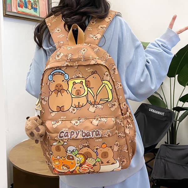 Cute Capybara Backpack Brown Large Capacity Water-Resistant Cartoon School Bag
