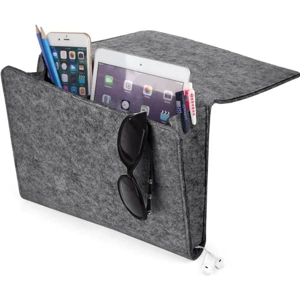 Thicker Bedside Caddy for Storage, Felt Bedside Table, Sofa, Desk, Bed Tray, Storage Organizer with 2 Small Pockets (Grey with Holes)