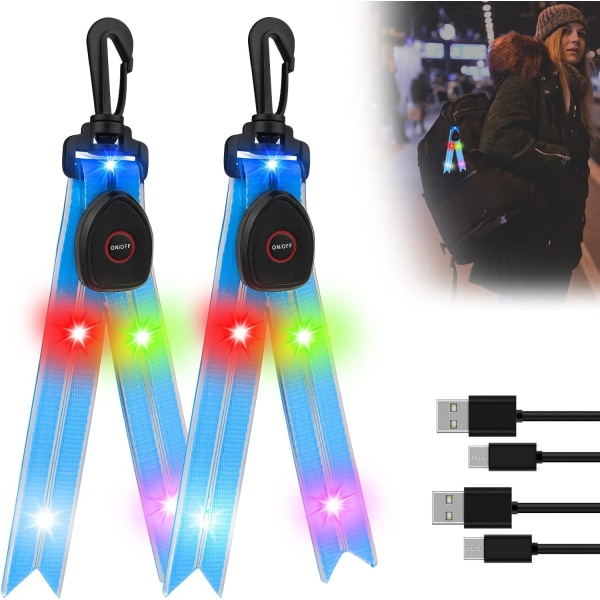 Siniset 2-pakkaiset LED-vilkkuvalot koululaukun heijastimiin värikkäällä valolla USB ladattavalla heijastimella lenkkeilyyn Vaellus Juoksu