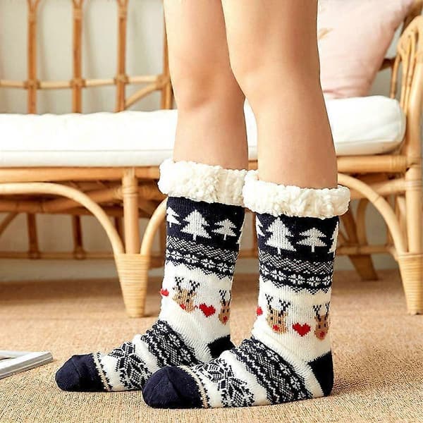 1 Pair Non-Slip Socks Warm Thick Socks Navy Blue Love Deer