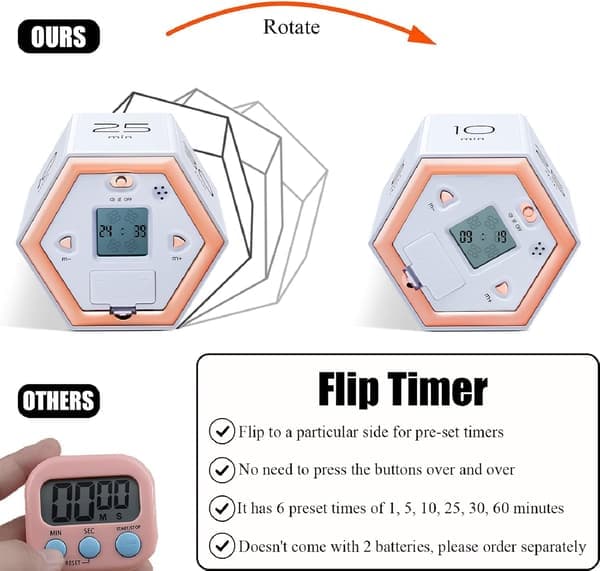 Sekskantet flip-timer med lydløs- og alarmfunktioner. Nem at bruge. Pomodoro-timer og klassetimer - hvid.