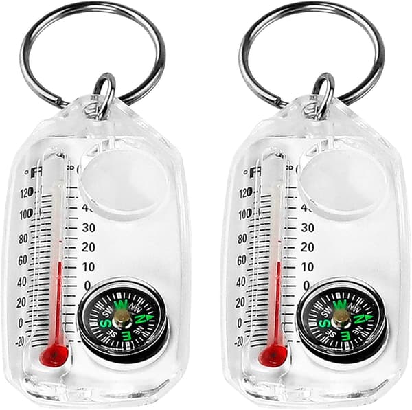wxsp 1 Piece White Outdoor Thermometer - Compact Compass with Magnifying Glass and Keychain - Portable Mini Navigation Tool - Multifunctional