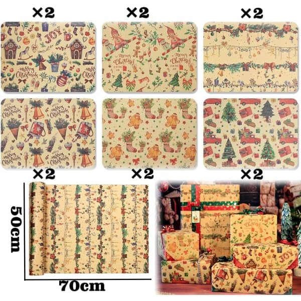 Julklappspapper, 12 ark julklappspapper, Kraftpapper för julklappar, Återvunnet kraftpapper för julklappar 70x50CM
