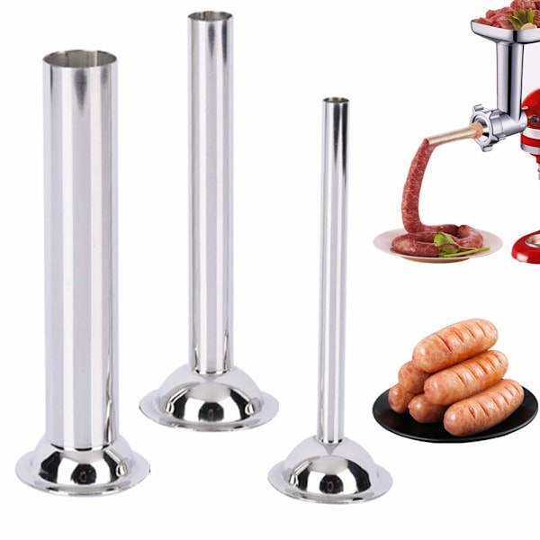 Pølsestopper Rør - 3 Stykker Rustfrit Stål Kværn Pølsestopper Rør til Størrelse 5 Kødhakker Madhakker - 3 Forskellige Størrelser