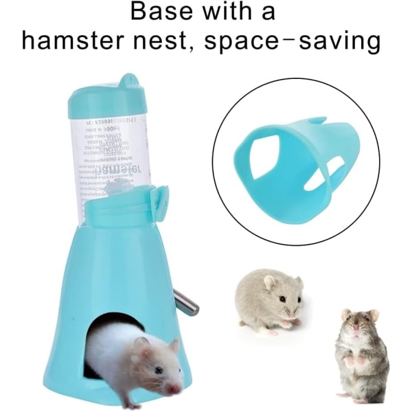 Hamster Vannflaske, Liten Kjæledyr Automatisk Drikkflaske med Matbeholder Base Hut Hengende Vannmating Flasker (80ml, Blå)