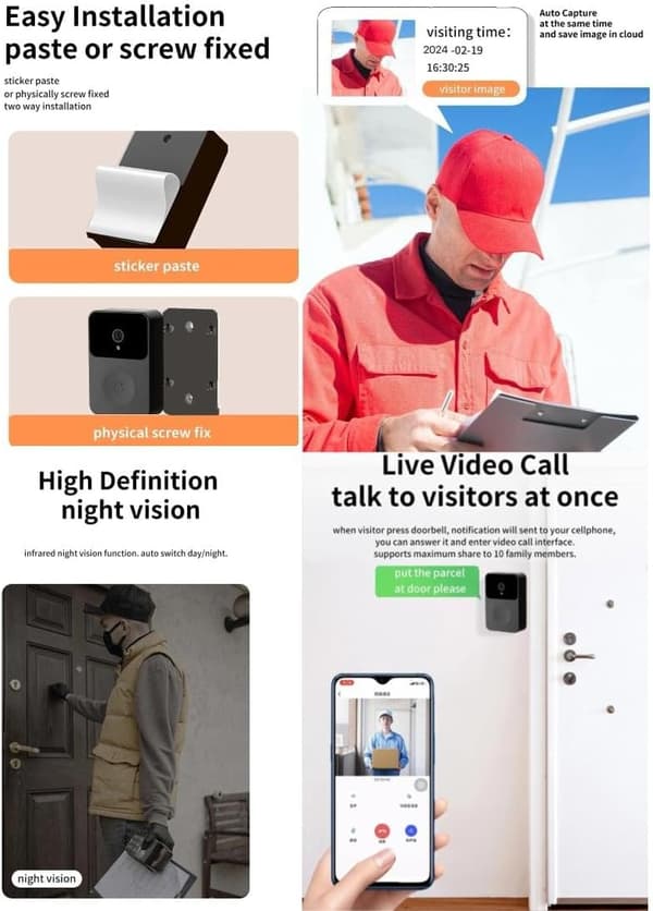 Video Doorbell Motion Detection White Lithium Battery and 1080p Auto Capture Cloud Playback