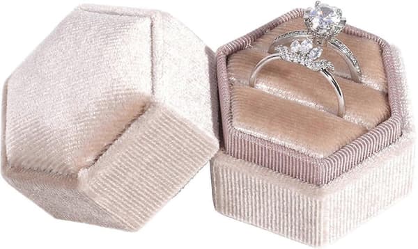 1 st Sammet Ringbox, Dubbla Fack Hexagon Ringbox, Sammet Förlovningsringbox, för Frieri, Förlovning