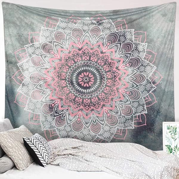 1. harmaa ja vaaleanpunainen kukka Mandala seinävaate, boheemi