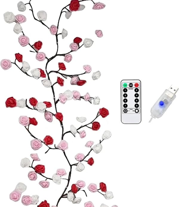 Fairy lights, USB LED Flower Garland 1.6 m - 72 lights, 8 functions, remote control - warm white